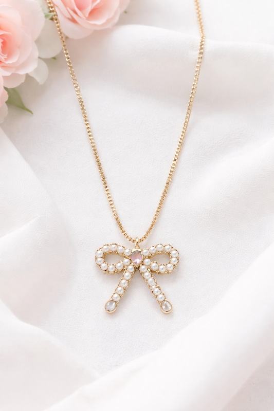 Blushing Pearl Bow Necklace - Gold