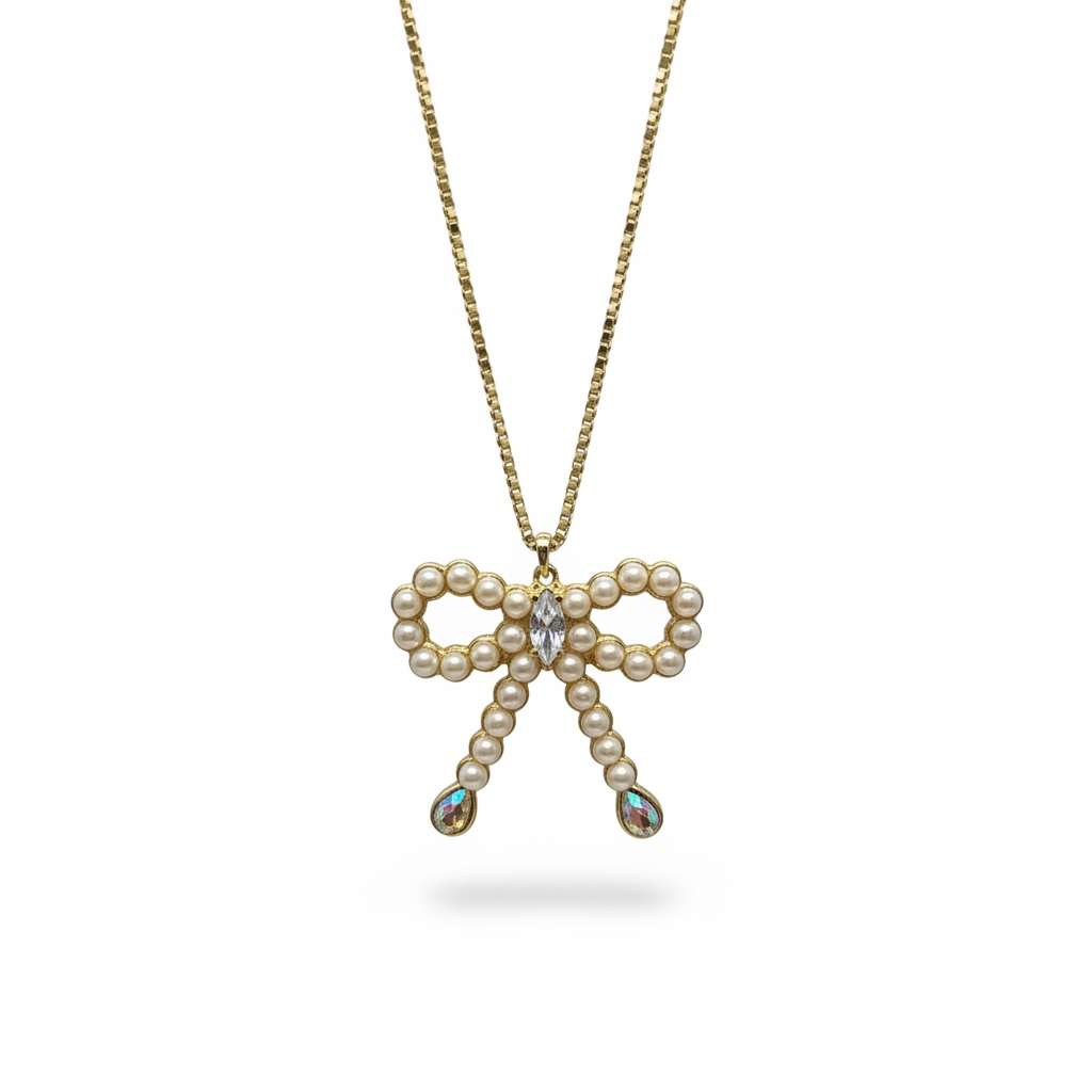 Blushing Pearl Bow Necklace - Gold
