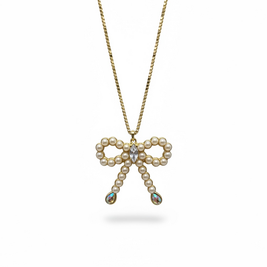 Blushing Pearl Bow Necklace - Gold