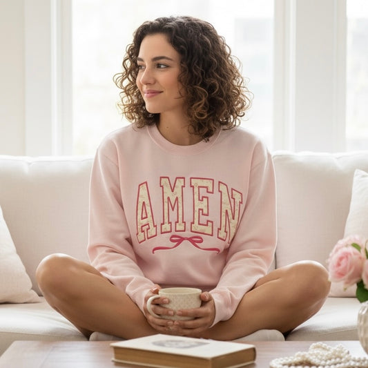 Amen Bow Applique Sweatshirt - Light Pink